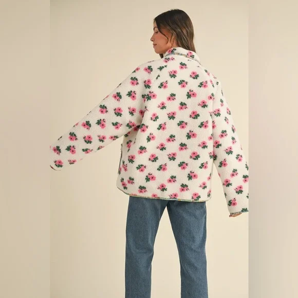 MABLE Floral Print Sherpa Jacket in Off White - Picture 2 of 9
